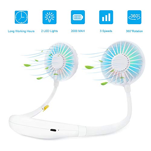Portable Neck USB Fans - Battery Rechargeable with Colorful LED Light with 3 Speed Adjustable, 360 ° Free Rotation Hand Free Fan for Home Office Travel Sport Outdoor - Thumbnail 7