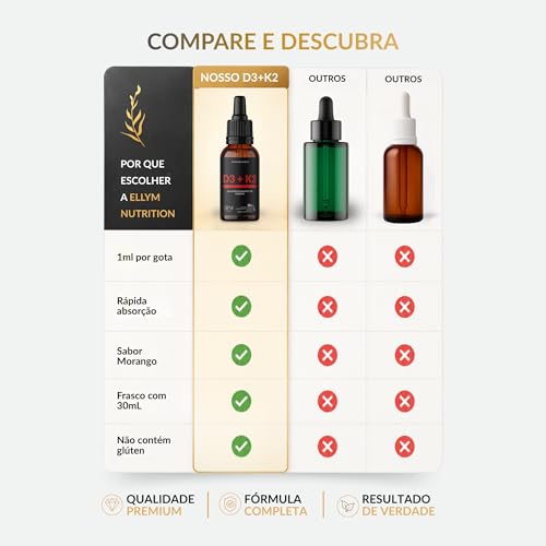 Vitamina D3 K2 em Gotas Sublingual 30mL ELLYM NUTRITION 2000 UI D3 + 120 mcg K2 Mk7 Sabor Morango Fortaleciomento Ósseo e Muscular