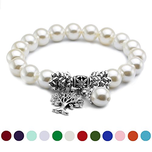 June Pearl Birthstone Bead Bracelet, Cat Eye Jewels Tree of Life Tibetan Silver Charm Pendant Stretch Wristband Bangle Bracelets for Women Men H06