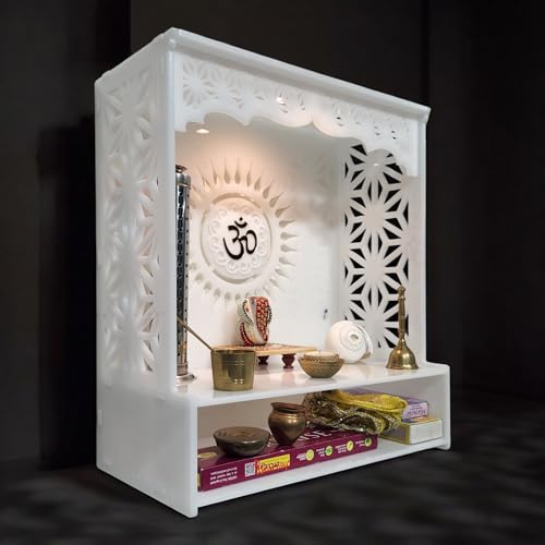 Heartily® Acrylic Shree Beautiful Pooja Stand for Home Mandir for Home Temple for Home and Office Puja Mandir for Home and Office Wall with LED Spot Light Product (H- 18, L- 16, W-8.75 Inch)