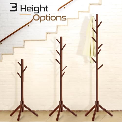 Solid Wooden Coat Rack Freestanding, New Zealand Pine Coat Tree with 8 Hooks & 3 Adjustable Sizes for Coats, Hats, Handbags and Scarves, Space Saving for Entryway/Office/Bedroom (175cm)
