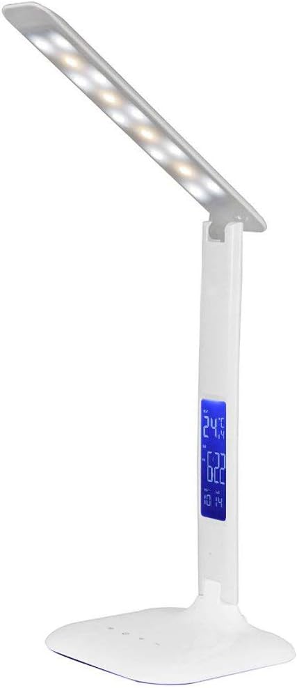LED Desk Lamp by Amebay, Adjustable 5 Brightness Level Eye-Caring Study Table Lamp with Date Time/Alarm Clock/Temp Function, Soft Touch Dimmer Control,3-Color Mode, Reading Lamps, Night Light (White)