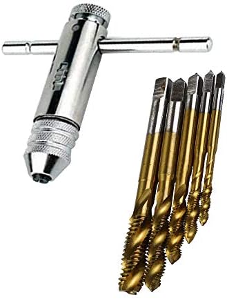 Adjustable T-Handle Reversible Ratchet Tap Holder Wrench Tapping Threading Tool Set 5 Pcs Hss Metric Drill Tap Set, M3-M8 Titanium Coated HSS Spiral Flute Metric Tap and Drill Bit Set -Breynet
