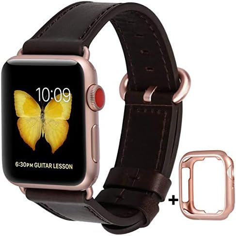 JSGJMY Compatible for Iwatch Band 38mm 40mm S/M Women Genuine Leather Loop Replacement Strap for iWatch Series 5 4 3 2 1, Oil Wax Dark Brown with Series 5/4/3 Rose Gold Clasp