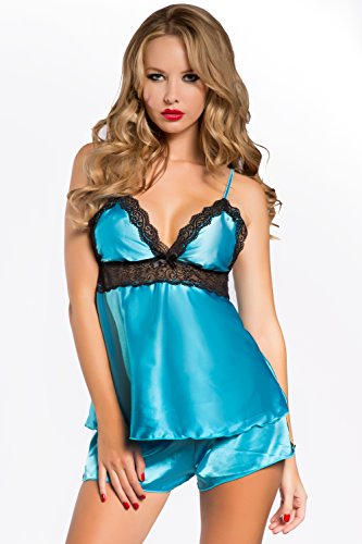 Seven Til Midnight Women's Enchanting Lace Trim Cami and Short, Turquoise, Large
