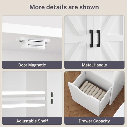 TEENFON Over the Toilet Storage Cabinet with 2 Removable Drawers, Above Toilet Storage Cabinet with 10 Storage Shelves, Taller Wooden Free Standing Bathroom Storage, Laundry Room Storage Shelf, White