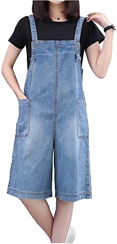 Elwow Lady's Summer Washed Denim Comfy & Breathable Plus Size Slimmer Knee Length Dungarees Shorts Pants with Wide Leg Design