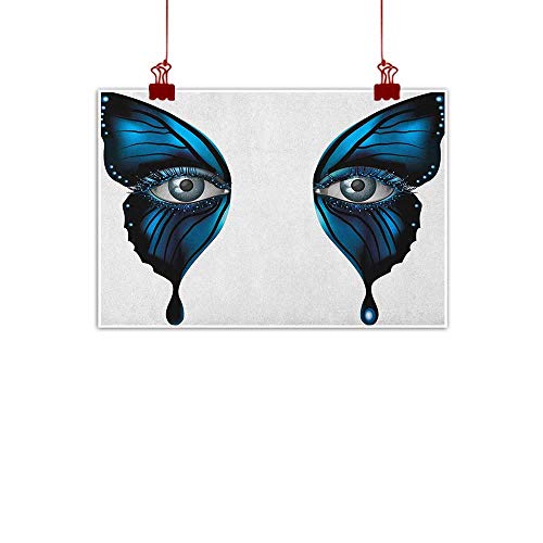 Sunset glow Decorative Art Print Eye,Realistic Female Eye on Magical Butterfly Wings Artistic Makeup Mask Masquerade, Blue Black White 28"x20" for Bedroom Office Homes Decorations