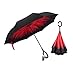Double Layer Inverted Umbrella, Windproof UV Protection Big Straight Umbrella with C-Shaped Handle and Carrying Bag (Red Daisy)