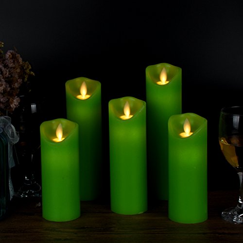 Vinkor Flameless Candles Flickering Battery Operated Candles 4" 5" 6" 7" 8" Set of 5 Classic Real Wax Pillar With Moving LED Flame & 10-key Remote Control 2/4/6/8 Hours Timer 400+ Hours(Green)