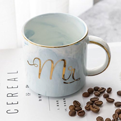 SoloTree Mr and Mrs Ceramic Coffee Mugs, Couples Coffee Mugs 13oz with Gold & Marble Design, Gift for Bride and Groom, Anniversary Present for Husband and Wife (Blue and Pink) (Blue)