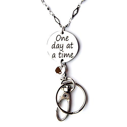 Crimmy - Fashion ID Necklace Lanyards for Women - Stainless Steel Chain ID Badge - Inspirational Pendant Necklace Lightweight ID Holder 34'' - Non Breakaway (one day at a time)