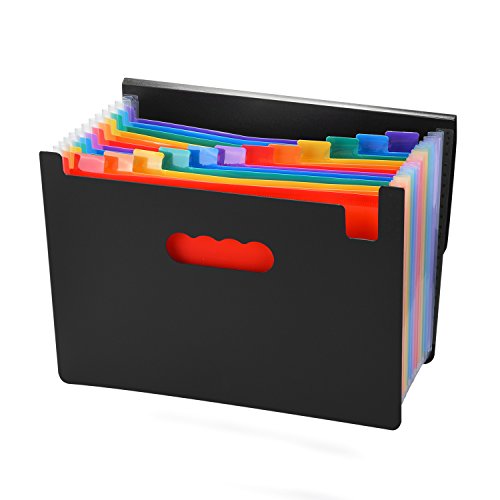 12 Pockets Expanding File Folder, AGPtEK A4 Document Organizer with Tabs and Bungee Closure, Expandable Bottom Stand & Colored Labels - Black