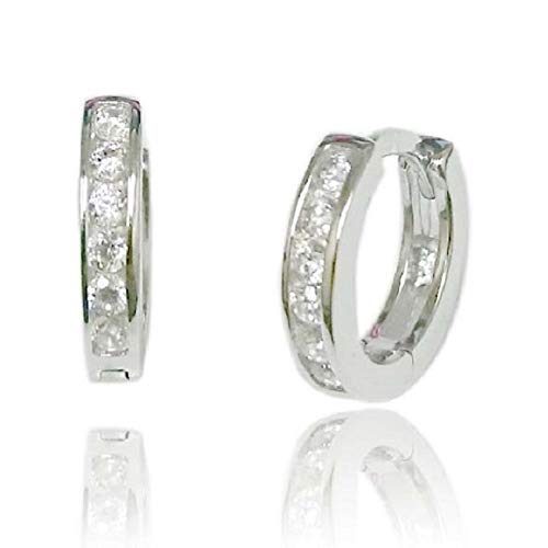 Aretes tipo argolla de plata maciza con circonita cúbica - Aretes tipo argolla de plata tipo Huggie en 10 mm o 13 mm