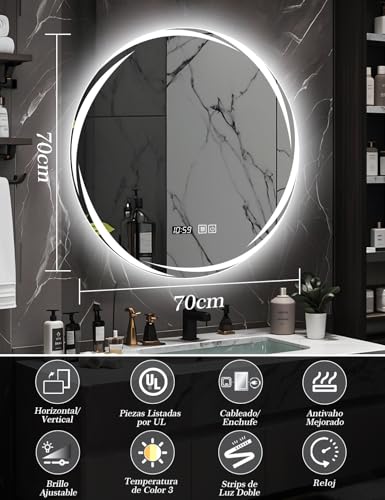 SAGIWO Espejo para Baño con Luz Led 70 * 70 cm, Espejo Inteligente Antivaho Redondo, con Luz Ajustable en 3 Colores, Función de Hora, Instalación Vertical/Horizontal