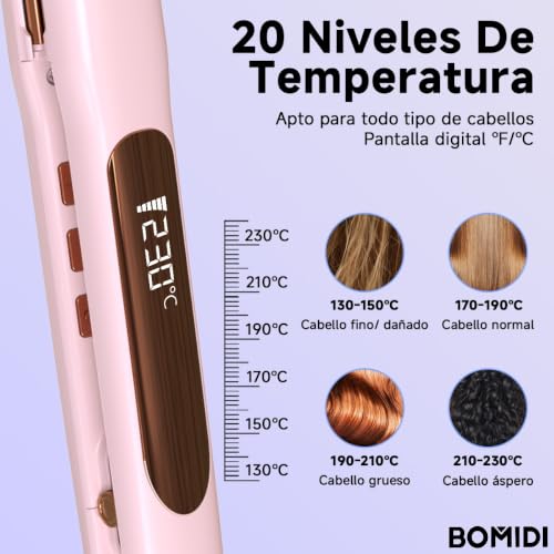 Plancha Para Cabello Profesional, BOMIDI Planchas 2 en 1 Alisado Y Rizador 130-230℃ Preciso Calentamiento Rápido Con Pantalla LCD Digital, Iones Negativos Doble Voltaje Adecuado Para Viajar