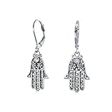 Flower Hamsa Hand CZ 925 Silver Leverback Dangle Earrings
