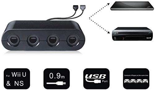 Wii U Gamecube Controller Adapter, HOMFUL Super Smash Bros Swith Gamecube Controller Adapter for Wii U, Nintendo Switch and PC USB 4 Port Black Gamecube Adapter No Drives Needed