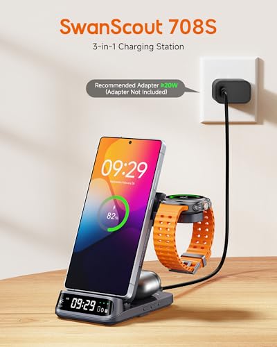 Wireless Charging Station for Samsung, 3 in 1 Wireless Charger for Samsung S25 Ultra/S25+/S25/S24/S23/S22/Z Flip/Fold7, for Galaxy Watch 7/Ultra/FE/6/5/Buds 3 Pro, SwanScout 708S (NO Adapter)