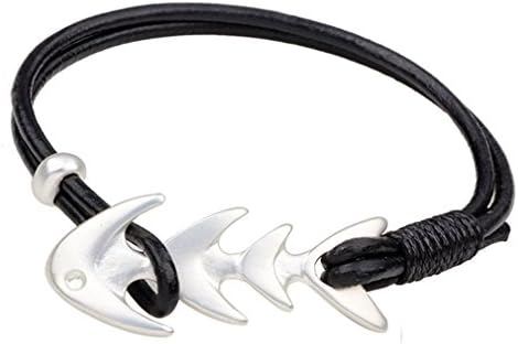PopJ Thin Leather Cuff Fish Bone Hook Bracelet Handmade