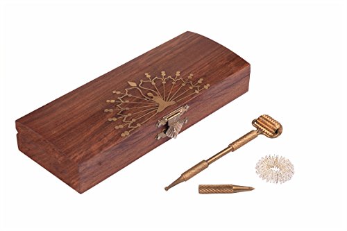 Acupressure Kit in a rosewood Wooden box with beautiful design inlaid in brass on it. The kit has 3 acupressure tools. 1. Probe Acupressure Brass Diagnostic Roller 2. Brass probe 3. Jimmy Ring - Thumbnail 2