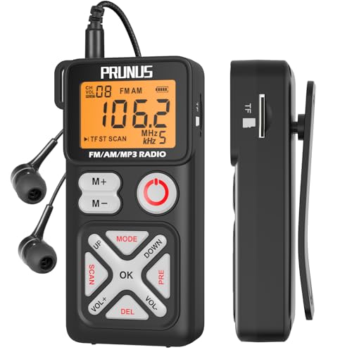 PRUNUS J-988 FM/Am Digital Radio with Manual Preset, Small Portable Radio with Headphone/TF Card Slot, USB-C Charging, Pocket Radios with Back Clip for Walking, Traveling