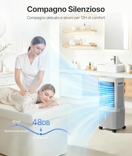 EXNOS Raffreddatore ad aria portatile con raffreddamento ad acqua – Ventilatore di utilizzo con serbatoio dell'acqua da 25 l, climatizzatore senza tubo di scarico, telecomando, timer 12H, Bianco