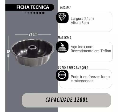 Forma de Bolo com Furo 24cm Antiaderente Redonda Alta para Pudim