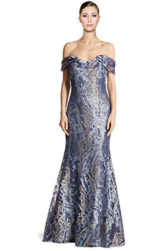 Rene Ruiz Embellished Tulle Off Shoulder Mermaid Evening Gown Dress Blue