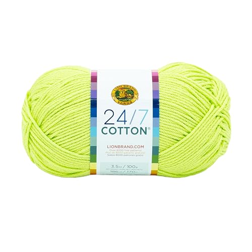 Lion Brand Yarn, 24/7 Cotton Mercerized Lightweight Yarn for Knitting, Crochet, and Crafts, Lime, 1 Pack, 185 Yards of Natural Fiber for Breathable Tops, Durable Bags, and Easy-Care Dish Cloths