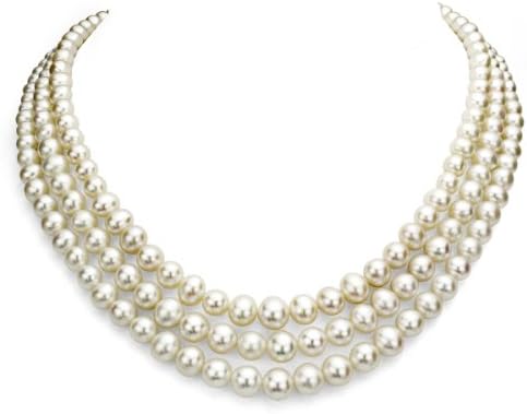 Sterling Silver Graduated 4-8.5mm White Freshwater Cultured Pearl 3-rows Choker Necklace, 16"