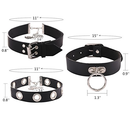 BEINY 3 PCS Black Gothic Punk PU Leather Choker Necklace Collar Hoop Chain Set Classic with Charms for Women Girls (3 PCS A SET)