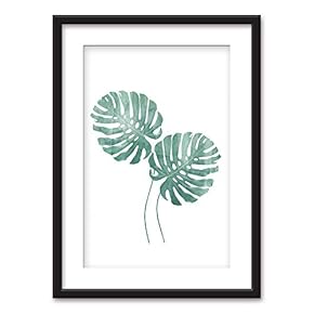 Framed Wall Art - Tropical Plant Leaves - Black Picture Frames White Matting - 23x31 inches