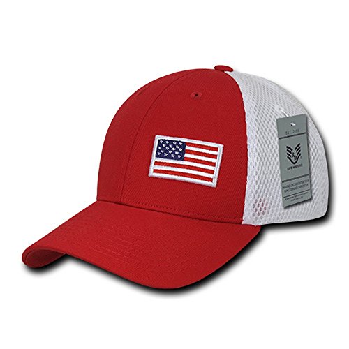 USA Flag Embroidered Aero Foam Mesh Flex Fitting Cap (One Size, Red)