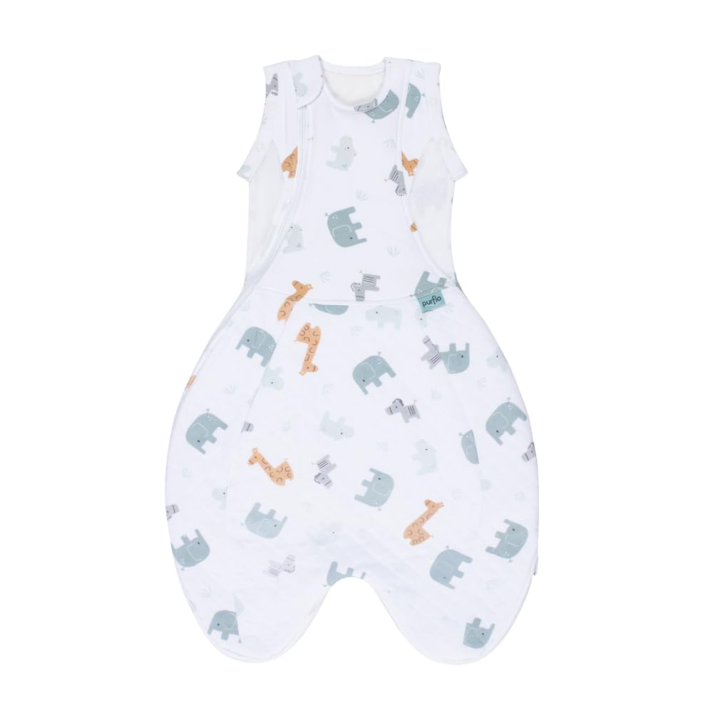 PurFlo Swaddle to Sleep Bag | All-Season 2.5 tog Sleeping Bag | 0-4 Months | Breathable Newborn Baby Sleeping Bag That Grows With Your Baby | Swaddle Arms In or Out | Hip Healthy | Animal Safari