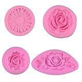 BAKER DEPOT 3D Silicone Cake Decorating Tools Fondant Mold Differet Flower Rose Design Silicone Baking Tool Set of 4 Pink Color