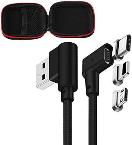 3 in 1 Nylon Braided Magnetic Cable 90 Degree Right Angle Magnet USB Charging Cord USB to Magnetic IOS+USB C+Micro USB Charge Sync Data Cable for Android Samsung iPhone iPad Smart Phones - 10FT
