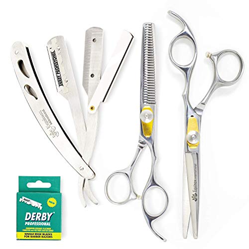 Equinox Professional Grooming Hair Cutting Scissors Kit - 6.5" Hair Cutting Shears and 6.5" Hair Thinning Scissors with Professional Steel Straight Edge Razor and 100 Derby Shaving Blades - Thumbnail 7