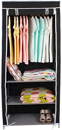 ASSICA Portable Single Clothes/Shoes Closet Wardrobe Organizer Sturdy Rust-Proof Stainless Steel Frame Non-woven Fabric Rolling Door Black Home Use Easy to Assemble