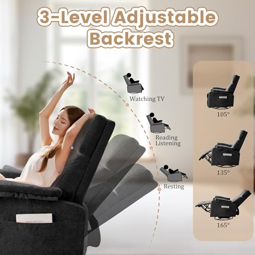 Korser Recliner Chair, Swivel Rocking Recliner Chair for Adults, Glider Rocking Chair, Small Nursery Chair Recliner for Living Room, Reclining Chair with Modern-Designed Armrests, Chenille, Black