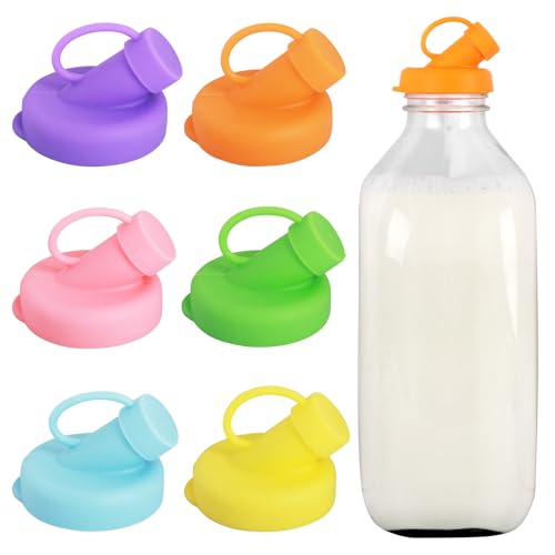 Silicone Milk Bottle Caps Pour Spout Covers, 48mm Diameter Glass Bottle Lids Leakproof, Reusable Milk Jug Caps Replacement Lid Fitting for Standard 48mm Opening Glass Milk Bottles (6 Pack)