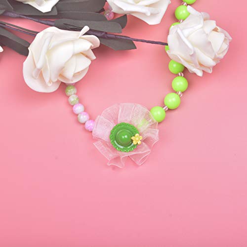 Larcenciel Kids Jewelry Necklace Bracelet Ring Earring Set Flowers Pendant Bubblegum Chain for Little Girls Children Play Pretend Dress Up (Green hat)