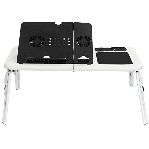 E-Table Brand Foldable Laptop Desk with USB-Powered Fans, Mouse Pad, and Adjustable Feet, White and Black