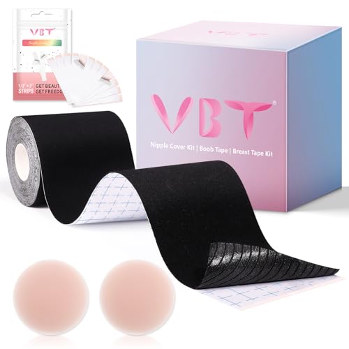 VBT Boob Tape - Breast Lift Tape w 2 Pcs Silicone Reusable Adhesive Bra, Large Breasts A-G Cup, Black