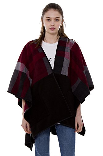 BYOS Women Winter Reversible Plaid Checked Houndstooth to Black Warm Fleece Open Front Poncho Ruana Wrap Cape (Wine Check W/Pocket)