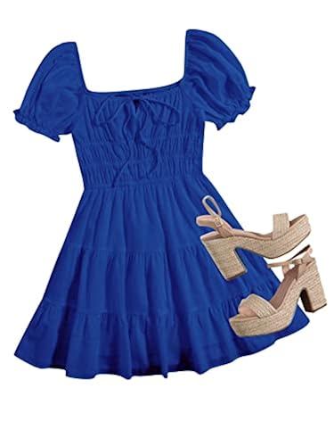 SheIn Women's Short Puff Sleeve Ruched Mini A Line Dress Ruffle Tie Front  Square Neck Short Dresses Royal Blue Large in Kenya | Whizz Casual