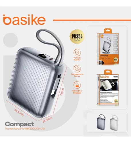 Basike Power Bank 35W, Carregador Portátil 10000mAh, Compacto, 2-Saídas com Cabo Tipo-C Integrado, Bateria Externa de Carregamento Rápido PD/QC para iPhone Séries 17/16/15, Samsung S25/24/23/22(Cinza)