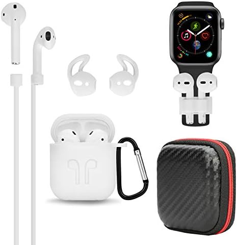 Airpods Case, BZseed Airpods Accessories Set Protective Silicone Cover and Skin Charging Case for Apple Airpod, Silicone Cover/Airpods Strap/Airpods Ear Hook/Hardshell Travel Case/Keychain (White)