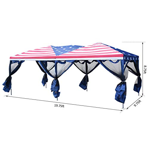 FDInspiration American Flag 10 x 20 FT Outdoor Pop Up Instant Shelter Event Tent Spring Wedding Party Sunshade w/Removable Mesh Netting Sidewalls with Ebook
