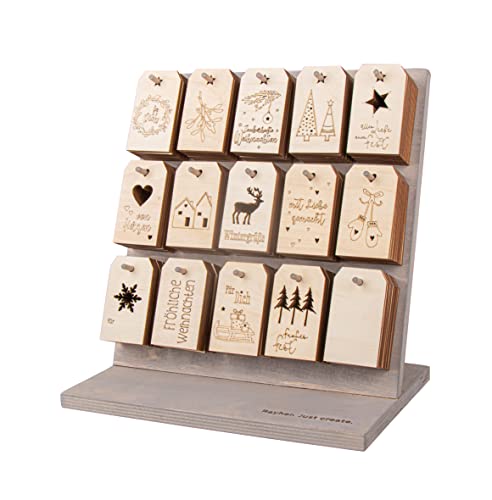 Rayher espositore in legno con 180 targhette in legno con tema Natale, 15 motivi diversi, 12 pezzi ciascuno, 4,8x8,2cm, 180 pezzi, 63052505